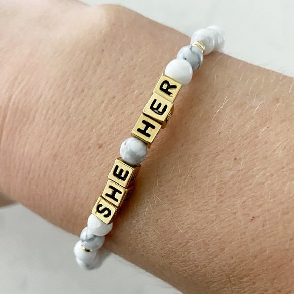 🌺SOLD🌺Little Words Project White Gold She Her Pronoun Beaded Stretch Bracelet - Picture 5 of 5